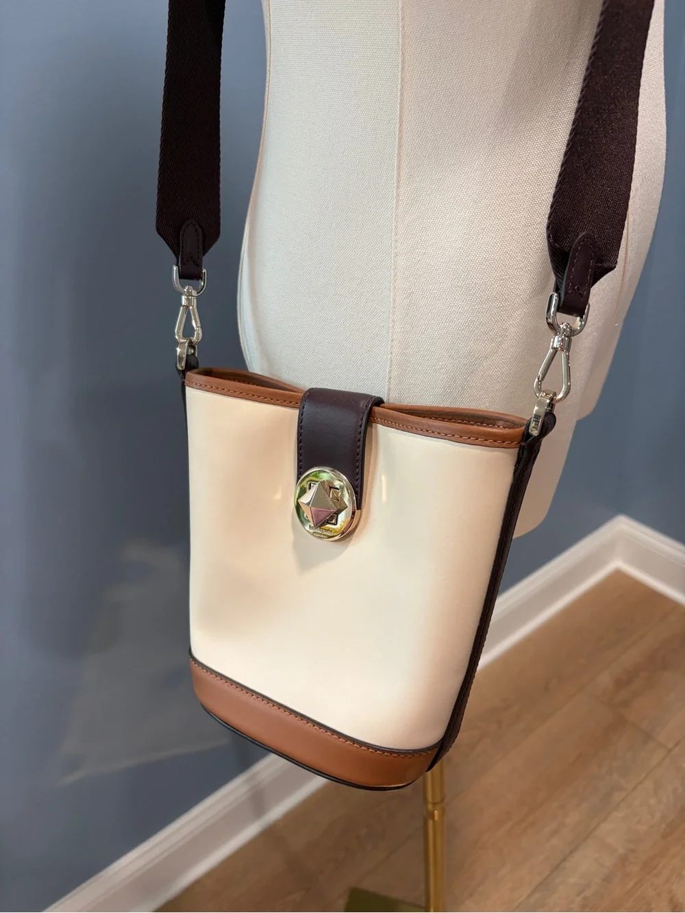 Kate Spade New York Colorblock Bucket Crossbody Bag Ivory Brown Leather